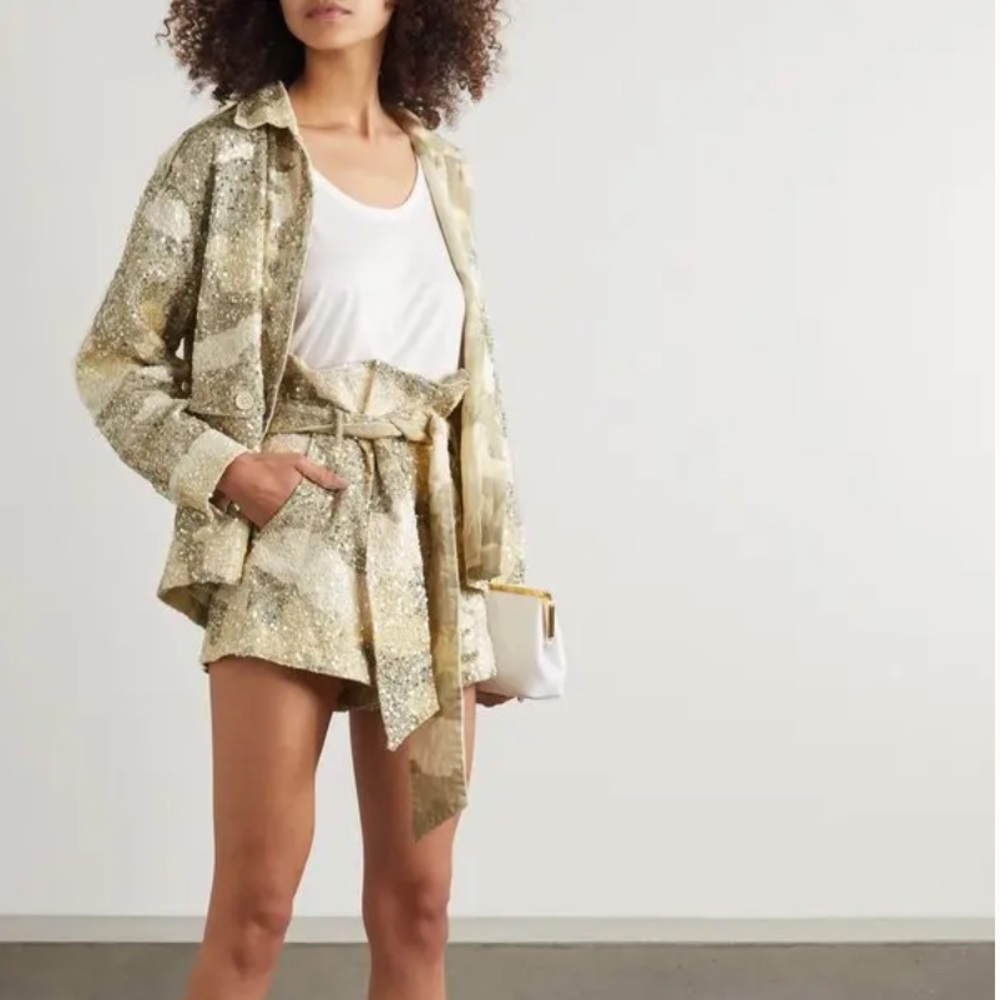 Retrofête Jo Belted Sequined Camouflage-Print Cotton Shorts